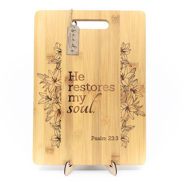 Bamboo Cutting Board Engraved - "Restores" Psalm 23:3