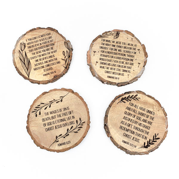 Wood Engraved Bible Coasters - "Romans Road" (Set of 4)