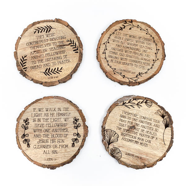 Wood Engraved Bible Coasters - "Fellowship" (Set of 4)